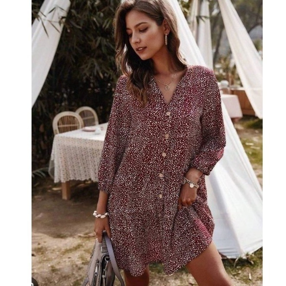 Luna Tuccini Shirt Dress Women Large Burgundy Polka Dot Tiered Button Front